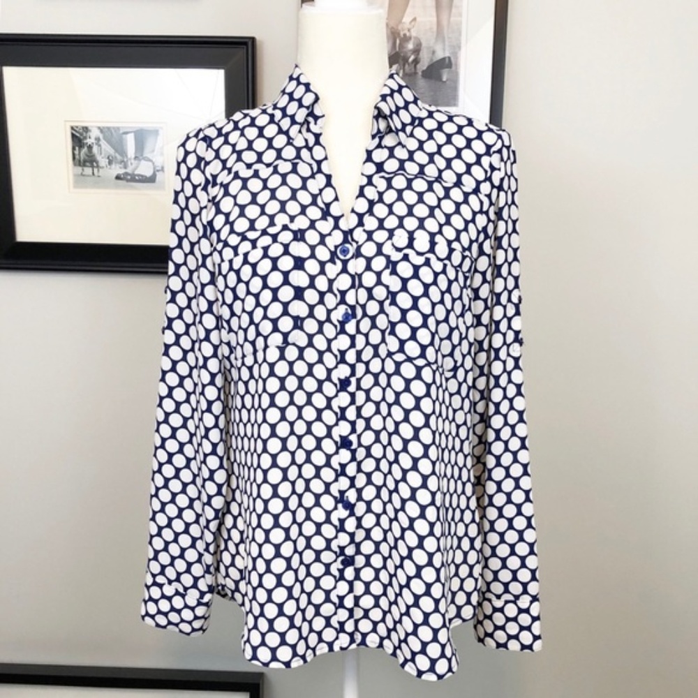 Express Blue & White Polka Dot Button Down Blouse - Picture 2 of 8